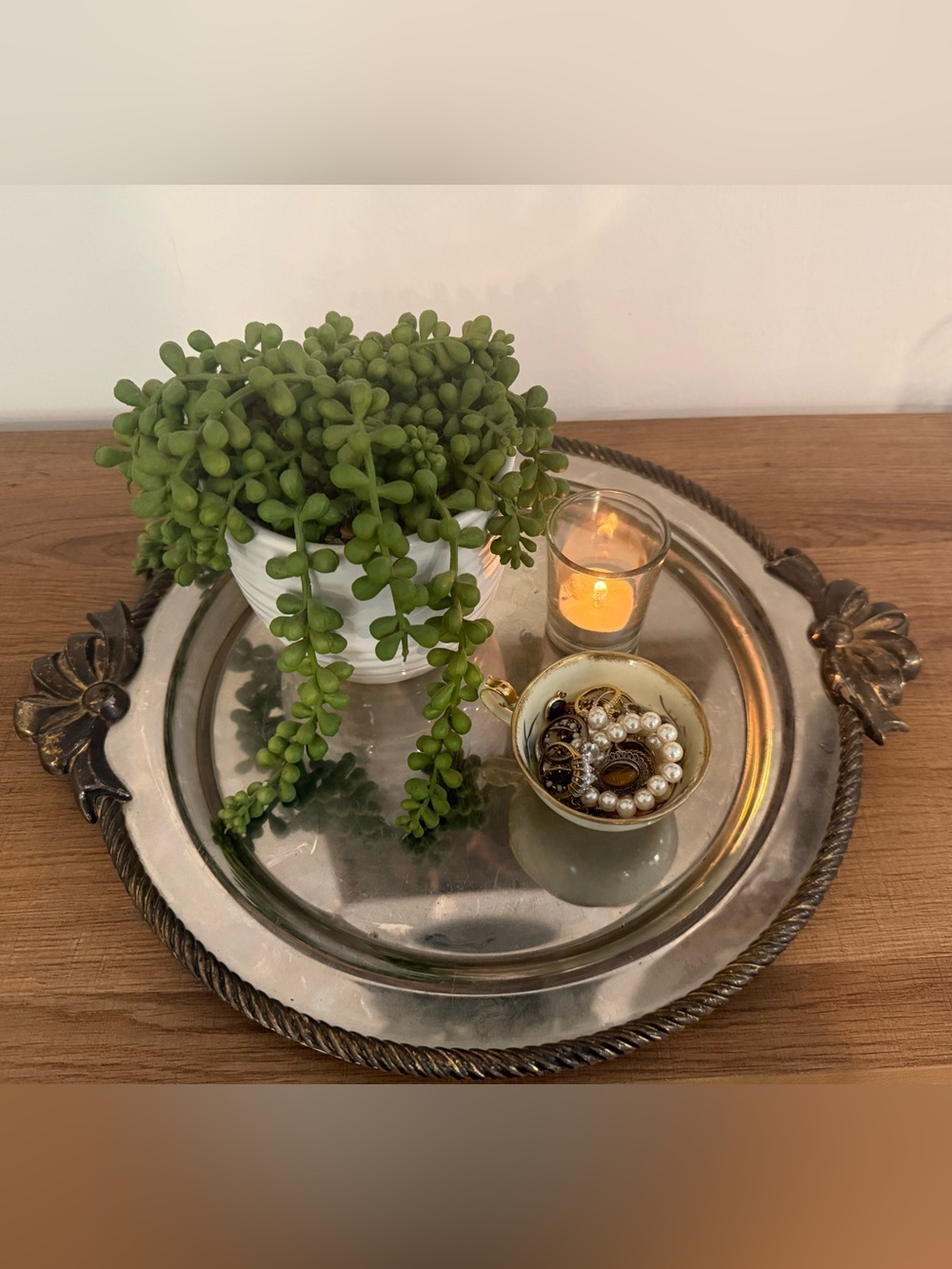 Elegant Silver Decorative Tray with Rope Edge - Silver